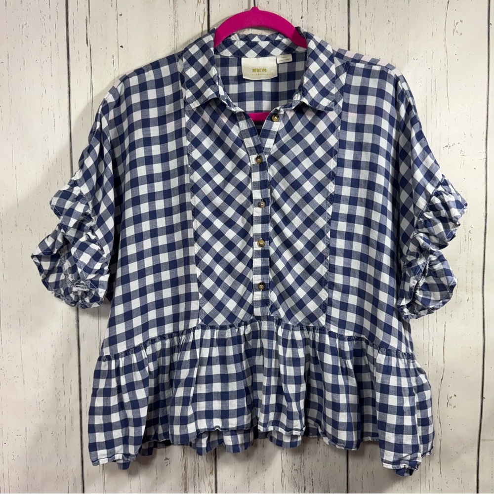 Maeve Blue and White Gingham Peplum Button-Front Blouse